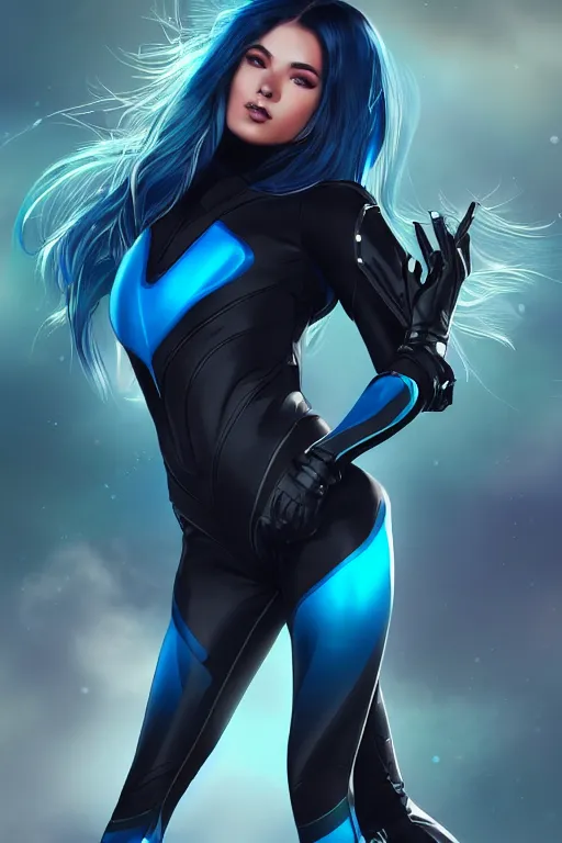 Prompt: a stunning picture of a beautiful young woman wearing futuristic deep black battle bodyarmor and leggings with ombre navy blue teal hairstyle blowing in the wind by marvel comics, digital art, trending on artstation