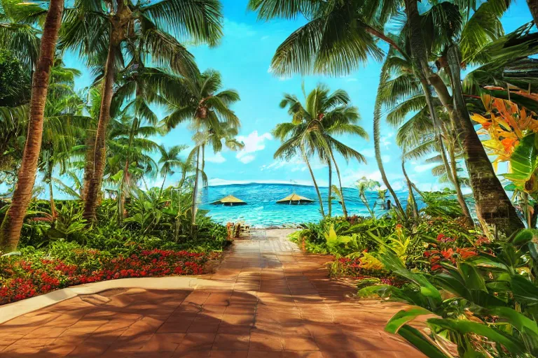 Prompt: an advertisement photo of a tropical resort, 8k hdr, very detailed, cinematic