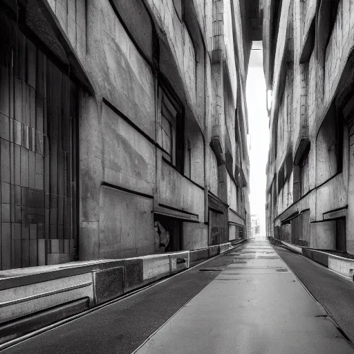 Image similar to exploring the streets of a megalopolis in the style of brutalist gothic architecture