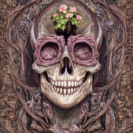 Image similar to a beautiful detailed front view rococo portrait of a rotten woman corpse becoming almost a skull with face muscles, veins, arteries, fractal plants and fractal flowers and mushrooms growing around, intricate, ornate, volumetric light, beautiful lit, beetlejuice