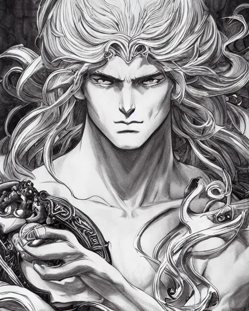 Prompt: the gods of olympus, baroque style, elegant, beautiful, mesmerizing, concept art, highly detailed, artstation, behance, deviantart, inspired by innocent manga, inspired by castlevania concept art, trending, ayami kojima, shinichi sakamoto