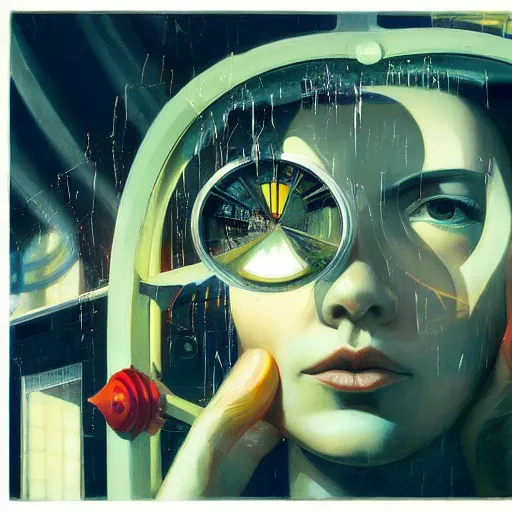 Image similar to detailed face of a woman, clockwork, moment, tectonic sky, skydome, bullet train, turbines, utopian, tech noir, wet reflections, prism, atmospheric, ambient, pj crook, syd mead, livia prima, emma uber, greg rutkowski, edward hopper