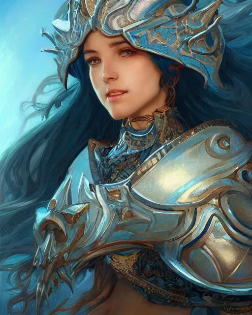 Image similar to Portrait of a Fantasy azure knight, moonlit, HD, illustration, epic, D&D, fantasy, intricate, elegant, highly detailed, digital painting, artstation, concept art, smooth, sharp focus, illustration, art by artgerm and greg rutkowski and alphonse mucha, monster hunter illustrations art book