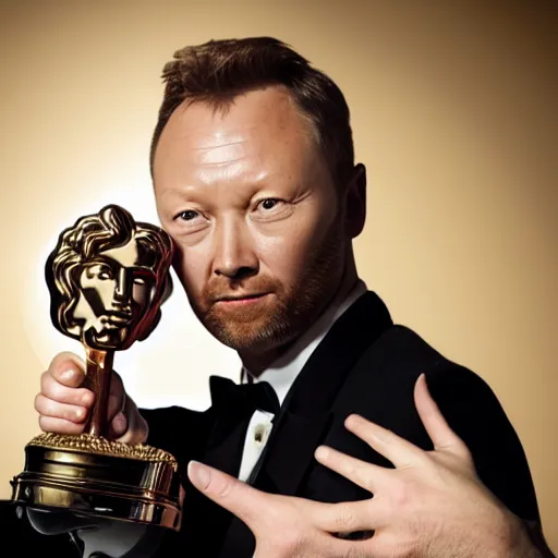 Prompt: limmy brian limond holding bafta award, realistic artstyle, wide shot, dramatic lighting, octane render, hyperrealistic, high quality, highly detailed, hd, beautiful, cinematic, 8 k, unreal engine, facial accuracy, symmetrical,