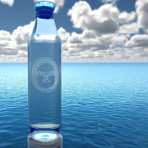 Prompt: bottle of mineral water balancing on its edge on the water surface in the center of the frame, a blue sky with clouds from above, minimalistic and beautiful, award winning, Artstation, intricate details, realistic, Hyperdetailed, 8k resolution