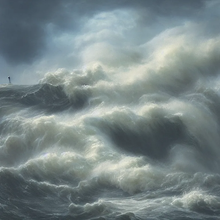 Prompt: a beautiful masterpiece painting of a tsunami in a storm by juan gimenez, award winning, trending on artstation,