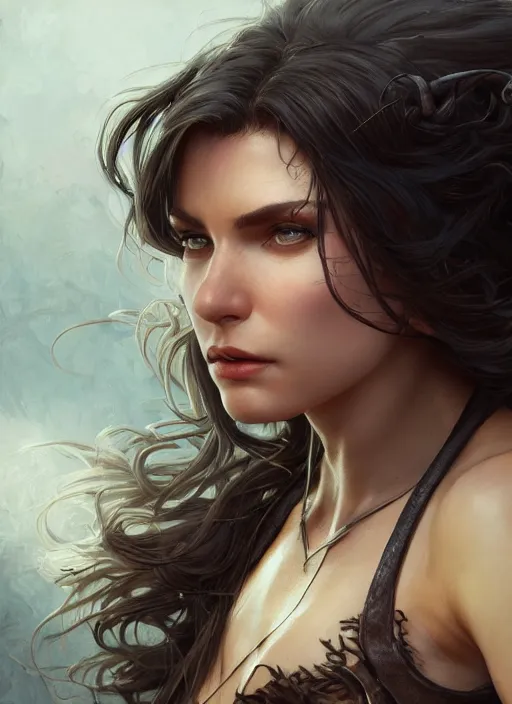 Image similar to close up portrait of a ruggedly handsome female witch, soft hair, muscular, half body, leather, hairy, d & d, fantasy, intricate, elegant, highly detailed, digital painting, artstation, concept art, smooth, sharp focus, illustration, art by artgerm and greg rutkowski and alphonse mucha