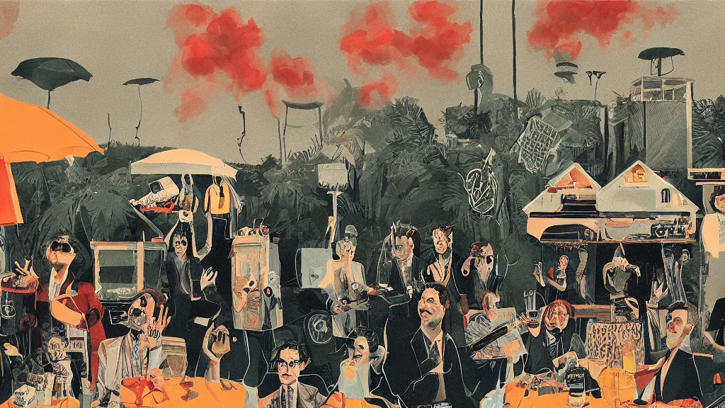 Prompt: An outdoor party, in the style of David Lynch, by Wes Anderson, concept art, artstation