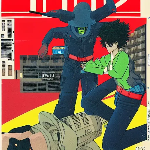 Prompt: 1982 OMNI Magazine Cover Illustration of neo-Tokyo bank robbery, Bank Robbery, Anime, Highly Detailed, Akira Color Palette, Inspired by Cowboy_Bebop + MGS2 + Heat, 8k :4 by Vincent Di Fate + Katsuhiro Otomo : 8