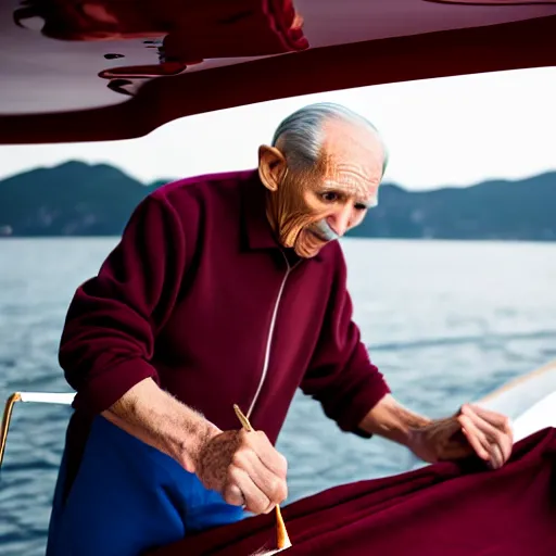 Image similar to wrinkled hunchbacked old man in musty burgundy suit, polishing painting the side of a gold plated mega yacht with a cloth, maintenance photo, wide angle