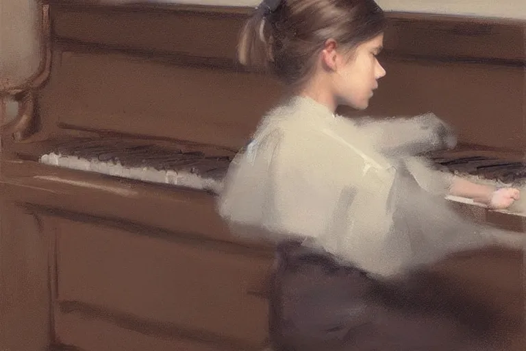 Image similar to “ little girl, pigtails hairstyle, practicing at the piano, jeremy lipking, casey baugh ”