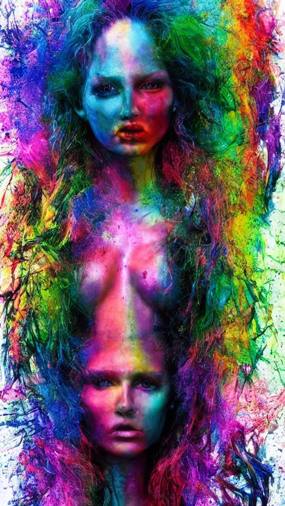 Prompt: the most beautiful supermodel girl burning with unseen colors, photo pic taken by gammell + giger + mcfarlane + del toro + divine god + after life+ realistic delights, rainbow colors drip