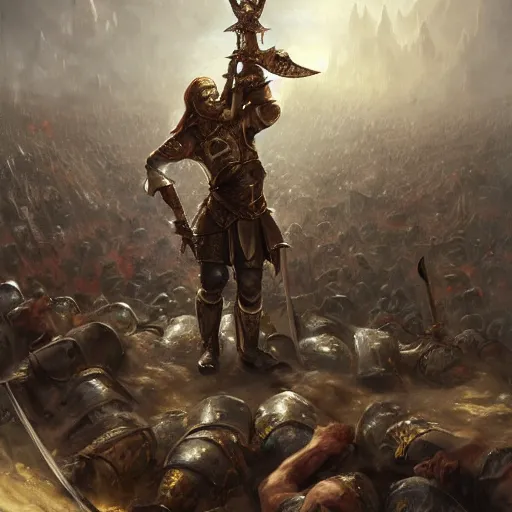 Prompt: joe biden in medieval plate armor holding a greatsword standing on top of piles of slain enemy footsoldiers, epic fanart, volumetric lighting, oil painting, highly detailed, wide view, sharp focus, painting by daniel gerhartz, alphonse murac, detailed art, artstation