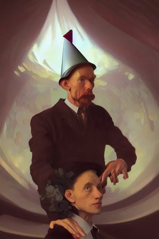 Image similar to ultra realistic illustration, vincent van goh wearing a party hat, elegant, highly detailed, digital painting, concept art, smooth, sharp focus, illustration, art by artgerm and greg rutkowski and alphonse mucha