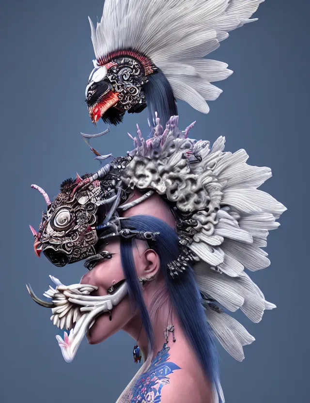 Image similar to 3 d goddess close - up profile portrait punk with mohawk with ram skull. beautiful intricately detailed japanese crow kitsune mask and clasical japanese kimono. betta fish, jellyfish phoenix, bio luminescent, plasma, ice, water, wind, creature, artwork by tooth wu and wlop and beeple and greg rutkowski