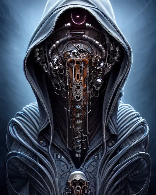 Prompt: front shot of a cyberpunk hooded dead biomechanical demon mastermind character, intricate, elegant, highly detailed, centered, (((artstation, concept art, smooth, sharp focus, artgerm, Tomasz Alen Kopera, Peter Mohrbacher, donato giancola, Joseph Christian Leyendecker, WLOP, Boris Vallejo))), mugshot!!!!!, ugly!!!!!!, octane render, nvidia raytracing demo, grainy, muted