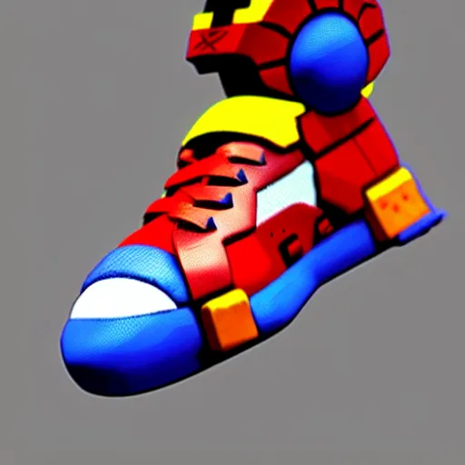 Image similar to realistic scultpure of sneaker design, sneaker design megaman capcom style mixed with aztec mayan native street fashion, painted by akira toriyama and studio ghibli princess mononoke megaman capcom