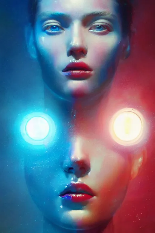 Image similar to 3 d, sci - fi, sun rays, sleepy fashion model face, cinematic, blue faces, vogue cover style, poster art, light red and deep blue mood, realistic painting, intricate oil painting, high detail, figurative art, multiple exposure, poster art, 3 d, by tooth wu and wlop and beeple and greg rutkowski