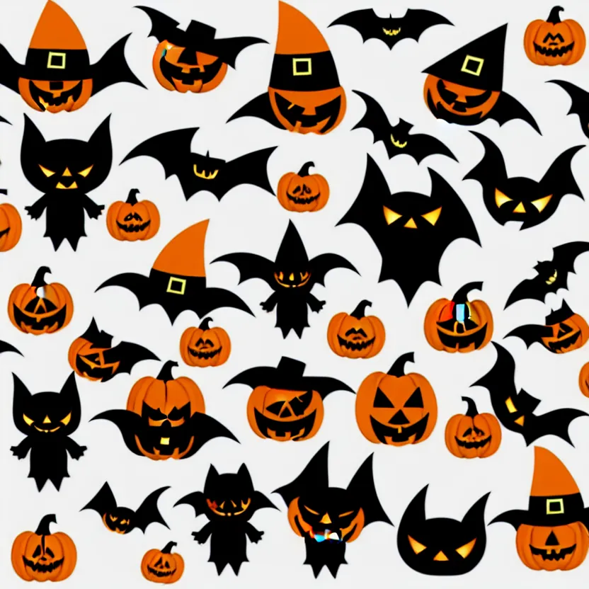 Prompt: cute halloween sticker set, adorable, bat, witch head, jacko lanterns, modern trendy clear background, 8 k,