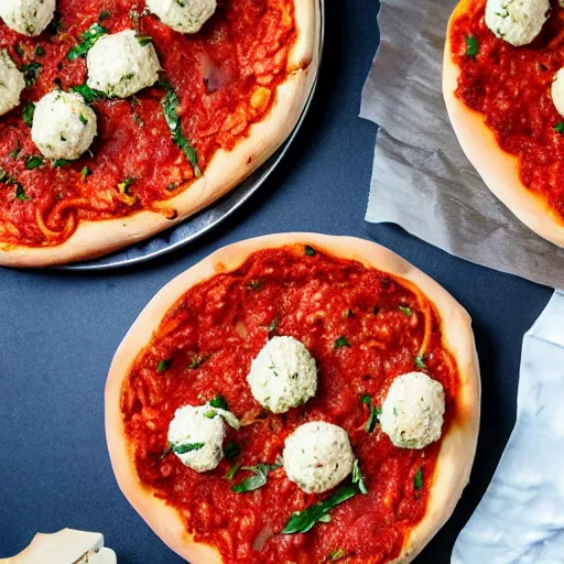 Image similar to a delicious meatball pizza with crust made of semolina spaghetti.