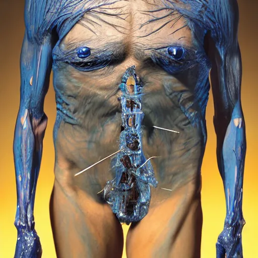 Image similar to blue crystal exploding, 4k (blue)!!, double exposures on 35mm film!, scalier skin for moisture retention, adapted to a drier climate, Genetic isolation with different environmental pressures yields a variant of yautja by michael vincent, alien anatomyArt by Joel peter Witkin, art by hr Geiger, art by Brom, art by Todd McFarlane, 8k concept art, low poly, cinematic, horror, monsters, fur, shadows, full color, best practice, creature, cinematographic, cinematic, hyper realistic, detailed, 8k, octane render.