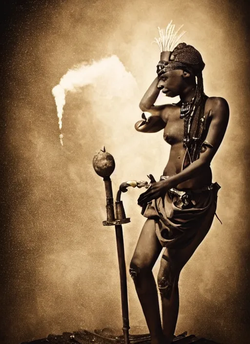 Image similar to old vintage photo of African ancient shaman female on the complex steam punk hooverboard with Jet engine, extreme sports photography , dynamic photography,clean symmetrical face, high speed,dirt and grawel flying in the spot, lens flares, dust in the air, dramatic lighting, intricate, highly detailed, centered, smooth, sharp focus, sports photography, old photo, black and white, sepia, cinematic lighting, cinematic angle, national geographic