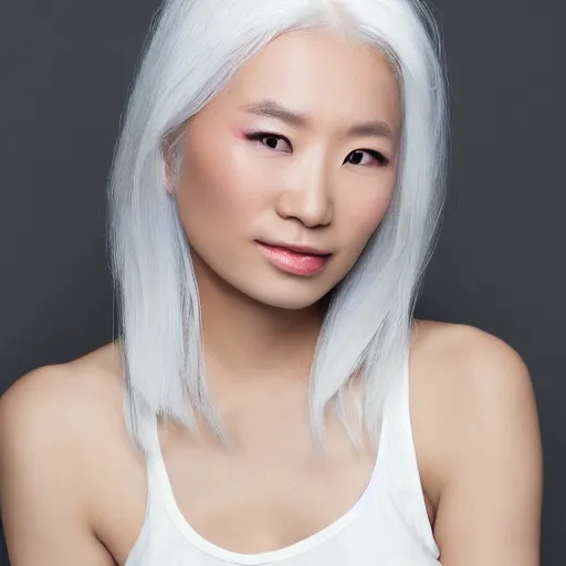 Prompt: Erika Ishii with pure white hair and opalescent skin