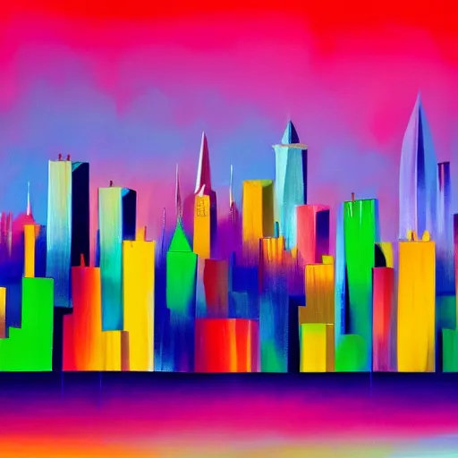 Image similar to sharp edged painting of a city skyline with colorful buildings and a dark night sky in the background