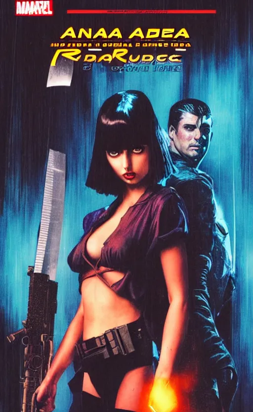 Image similar to ana de armas bladerunner hologram, crouching, katana, knife, dawn mcteigue, mirka andolfo, comic book, paperback cover, brian pulido, zenescope