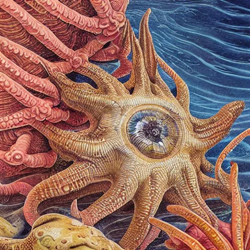 Prompt: elaborate baroque rococo hyperdetailed hyperrealistic starfish on the ocean ground. seen fully from the distance. with a lot of little details. childrenbook scientific illustration in soft natural tones. hd hyperdetailed octane. matte paper background. in the style of ulriko - e and botticelli and national geographic and ernst haekel and daniel martin diaz