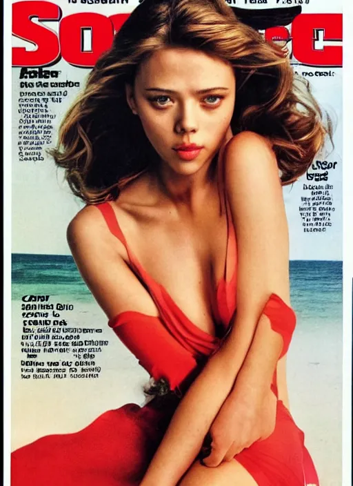 Image similar to photo of beautiful scarlett johannson on the cover of sports illustrated 1 9 7 0 by mario testino, detailed, vintage 1 9 7 0 print, sony a 7 r