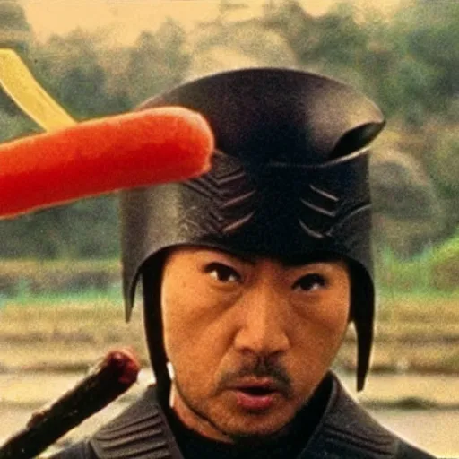 Image similar to scene from Kagemusha, 1980, movie still, cinematic, a samurai eating a hot dog, mustard and ketchup,