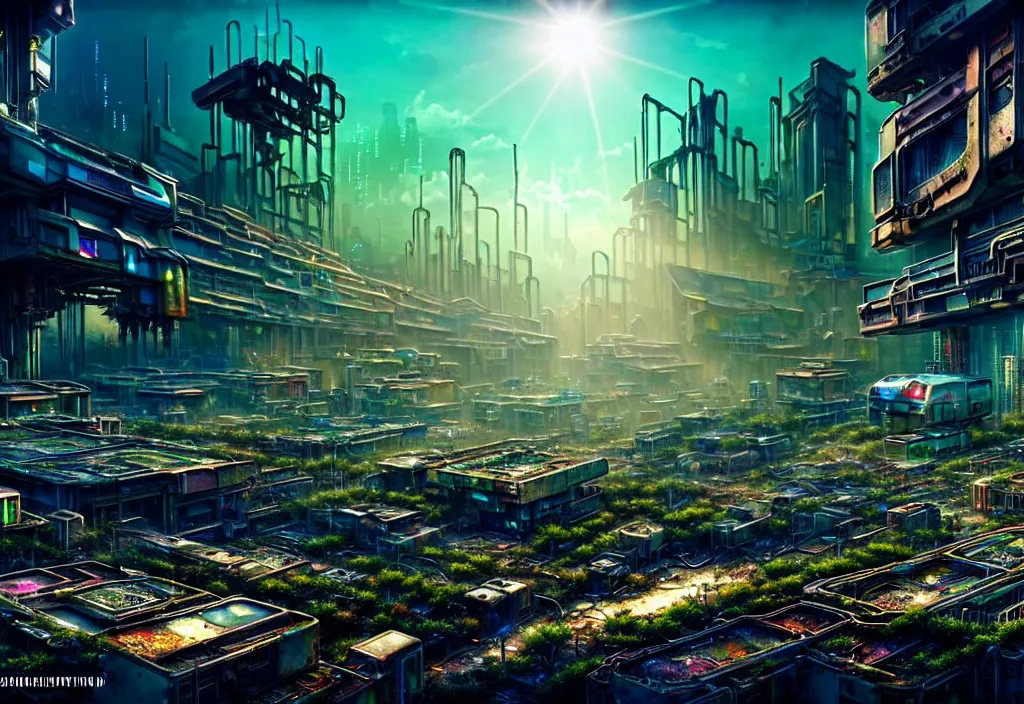 Image similar to A highly detailed crisp unreal engine render of wide view photo of A beautiful futuristic cyberpunk abandoned dystopia city building with futuristic bright lights, plants allover , godray, sunlight breaking through clouds, clouds, debris on the ground, abandoned machines bright happy colors, chaotic , nitid horizon, factory by wangchen-cg, 王琛,Neil blevins, artstation, Gediminas Pranckevicius