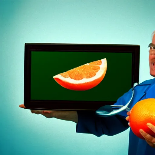 Prompt: a doctor pointing at a grapefruit on CRT screen