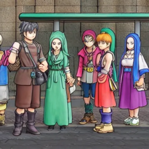 Prompt: a some people waiting in a lone bus stop in Dragon Quest XI, detailed