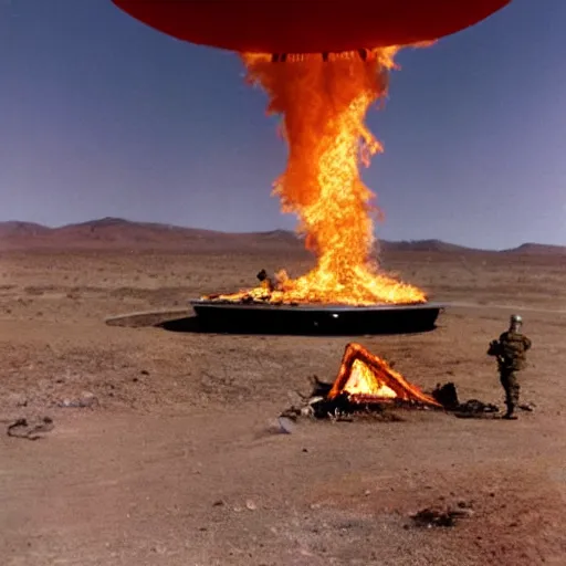 Prompt: army troops surround shiny metallic ufo flying saucer with transparent dome crashed in the desert, smoking and burning in flames by Ray Harryhausen and Glen Orbik, color Ektachrome photo