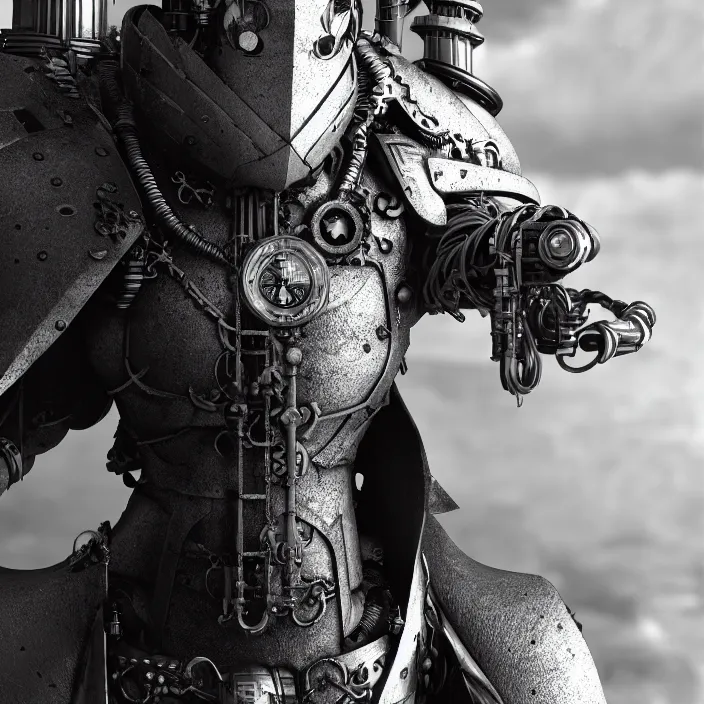 Prompt: a vertical portrait of a character in a scenic environment by nihei tsutomu, black and white, dreamy, steampunk bioarmor, highly detailed, 3 d render, vray, octane, realistic lighting