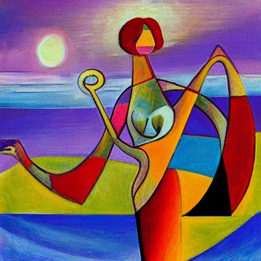 Image similar to woman dancing with a triskele by the ocean while the waves crash on the seashore, high quality art in the style of cubism and geogia o keefe