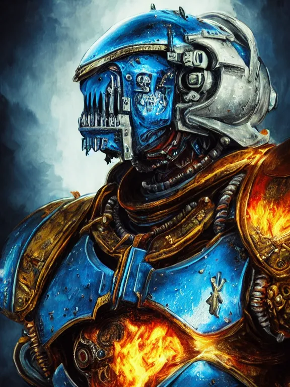 Image similar to portrait art of 8k ultra realistic undead space marine on fire,intricate blue helmet, detailed intricate ornate armour,decaying, cybernetic, full of colour, cinematic lighting, battered, trending on artstation, 4k, hyperrealistic, focused, extreme details,unreal engine 5, cinematic, masterpiece, art by ayami kojima, giger