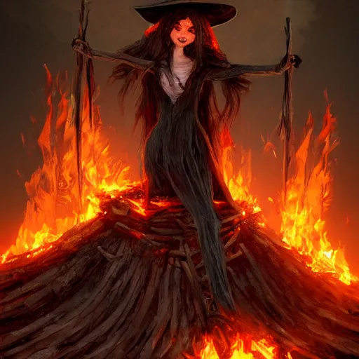 Image similar to witch stands on a fire burning pyre of bones, surrounded by flames, artstation