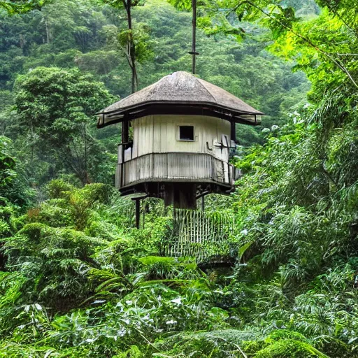 Prompt: An old Gast station in a dense jungle