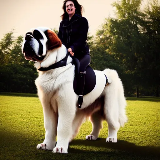 Image similar to girl riding giant saint Bernard in the park, trending on artstation