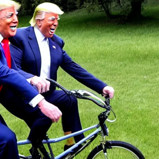 Image similar to joe biden and donald trump drunkenly riding a tandem bike together, laughing and joking,