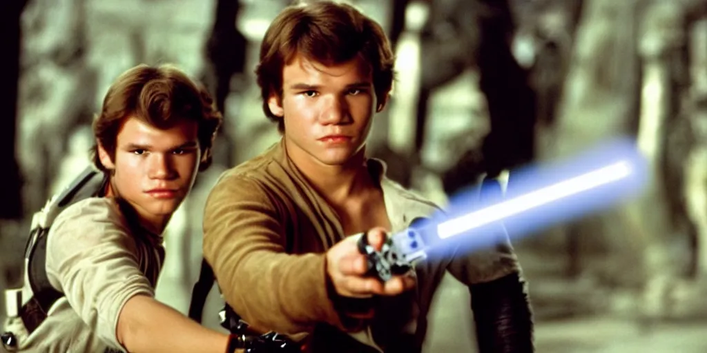 Image similar to a full color still of a teenaged Han Solo holding a lightsaber hilt during a sci-fi battle, cinematic lighting, 1999, directed by Steven Spielberg, 35mm