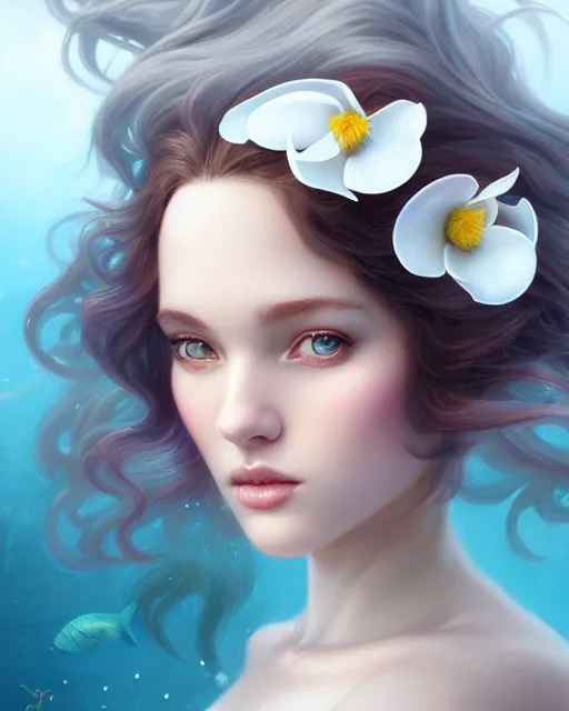 Image similar to character art of a goddess of magnolias as windy dusty underwater angelic young female | | seductive - fine - face, pretty face, key visual, realistic shaded perfect face, fine details by artgerm, wlop, tom bagshaw, james jean, andrei riabovitchev, marc simonetti, trending on artstation