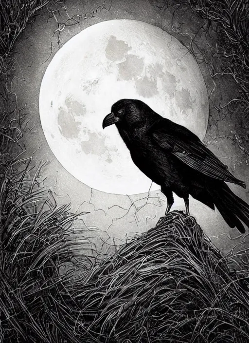 Image similar to portrait, A crow in front of the full big moon, book cover, red white and black colors, establishing shot, extremly high detail, foto realistic, cinematic lighting, pen and ink, intricate line drawings, by Yoshitaka Amano, Ruan Jia, Kentaro Miura, Artgerm, post processed, concept art, artstation, matte painting, style by eddie mendoza, raphael lacoste, alex ross