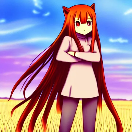 Prompt: Holo from Spice and Wolf standing in a wheat field at sunset, Holo is a wolf girl, high detail, trending on pixiv