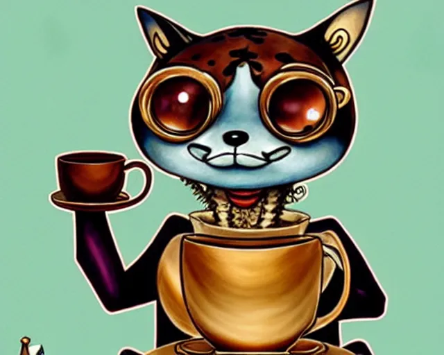 Prompt: an steampunk lemur having a cup of tea, by jim woodring