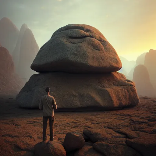 Image similar to a man standing in front of a giant rock, a matte painting by mike winkelmann, cgsociety, fantasy art, matte painting, matte drawing, cryengine