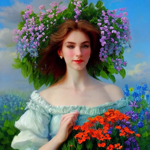 Image similar to a portrait of a romantic woman with flowers grow out of hair, roses peonies forget-me-nots dahlias lupins gladioli, sky theme in background, by Alexandr Averin, Digital Art, Trending on artstation